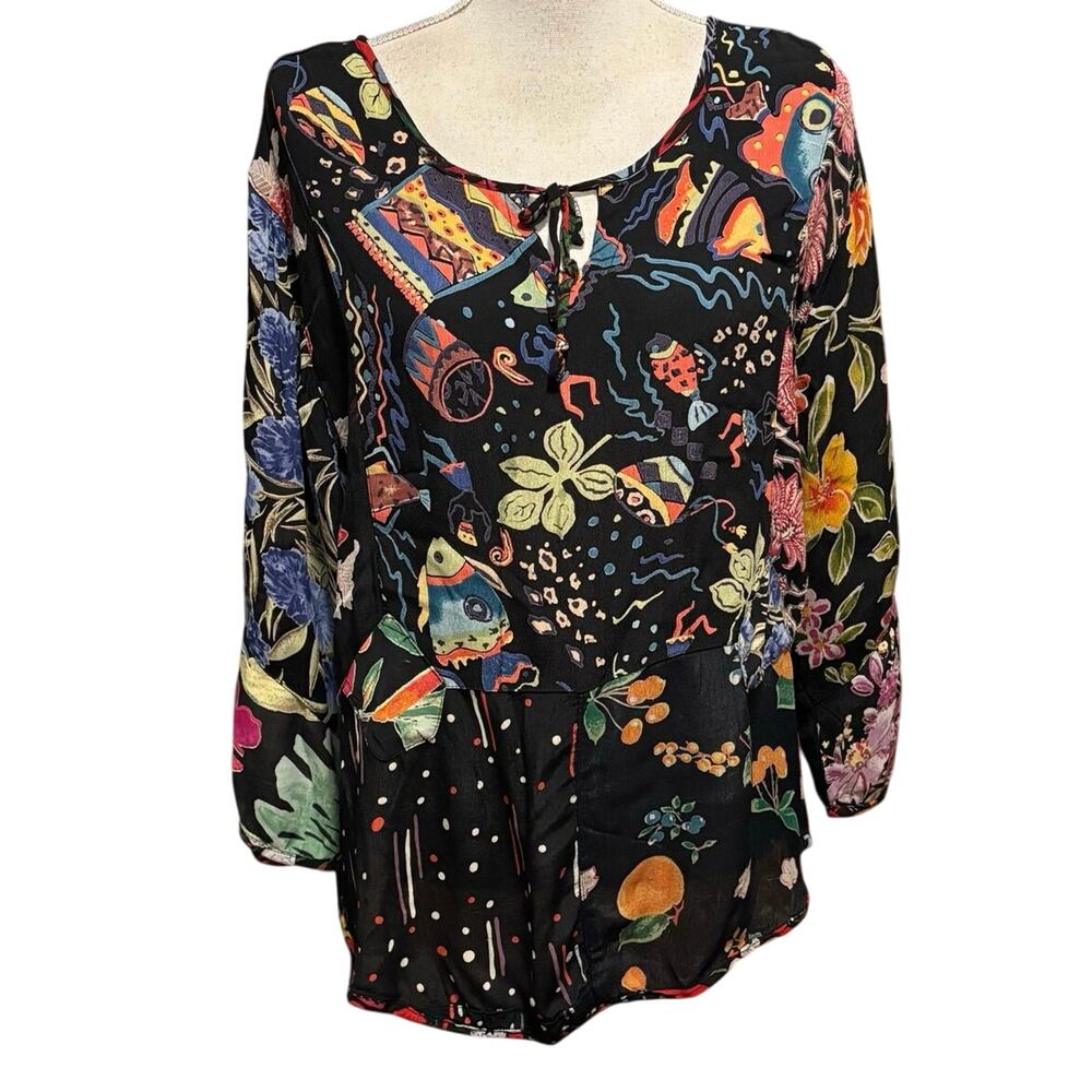 🌻2/$20 Sacred Threads M Blouse Top Fish Floral Print Artsy Art To Wear TINY FLAW
